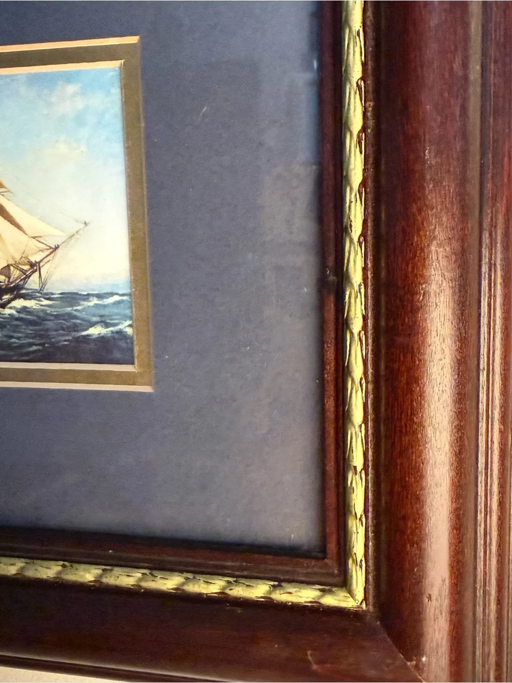 Framed Sailing Ship Wall Art - Brown Frame, Gold Trim